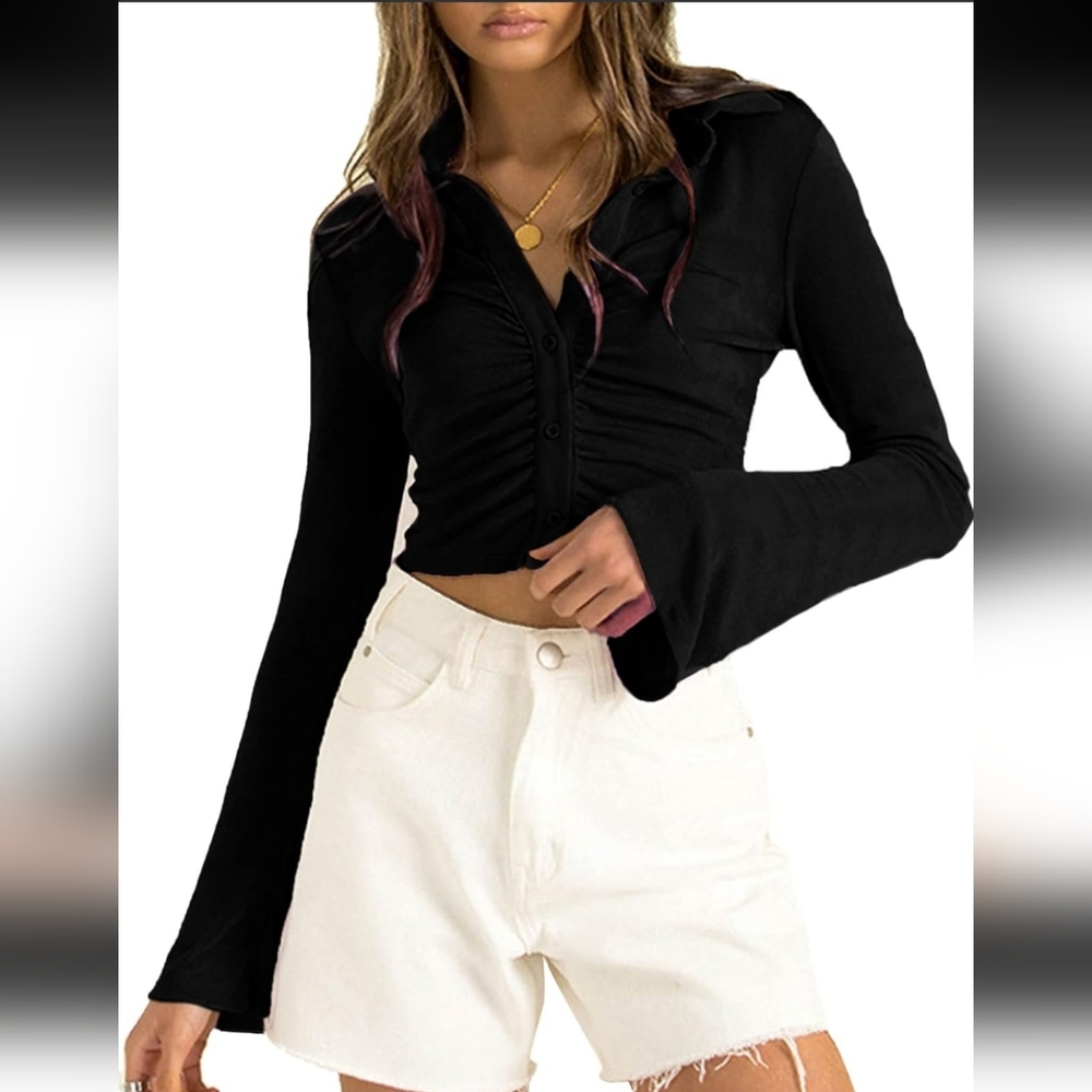 SOFIA'S CHOICE Womens Ruched Button Down Crop Top Collar Neck Flared Long Sleeve